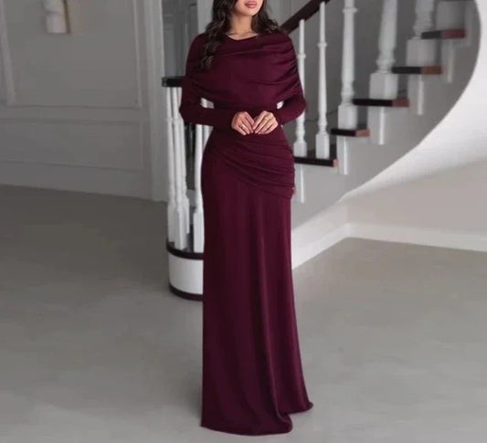 Womens Dresses Spring New Round Neck Long Sleeves Elegant Temperament Ruched Waist Cinching Skinny Evening long Dress