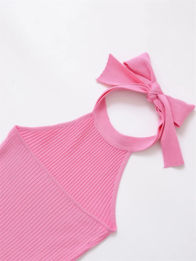2025 Women's New Tops Summer Pink Halterneck Knitted Sleeveless Top Bow Trim Sexy Open Back Personality Fashion