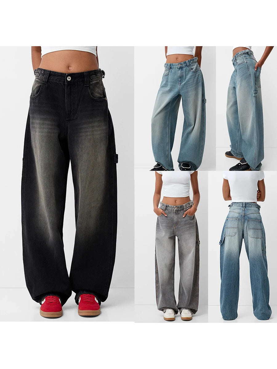 Women Wide Leg Denim Pants Casual Loose Vintage Distressed Jeans Trousers for Work Office Streetwear