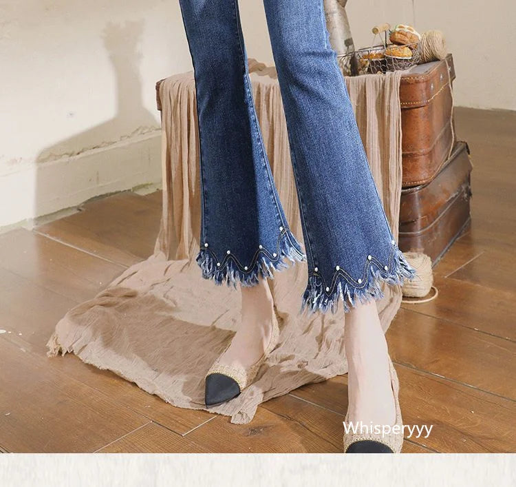Denim Pants For Women Spring And Autumn Elastic Show Nine Points Trousers High Waist Korea Fashion Flared Jeans Female Casual