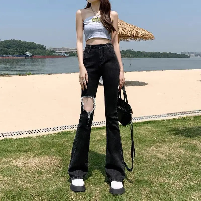 Denim Pants for Women Blue Womens Ripped Jeans Slim Fit Straight Leg Bell Bottom Trousers Original Emo Wholesale Stylish Wide A