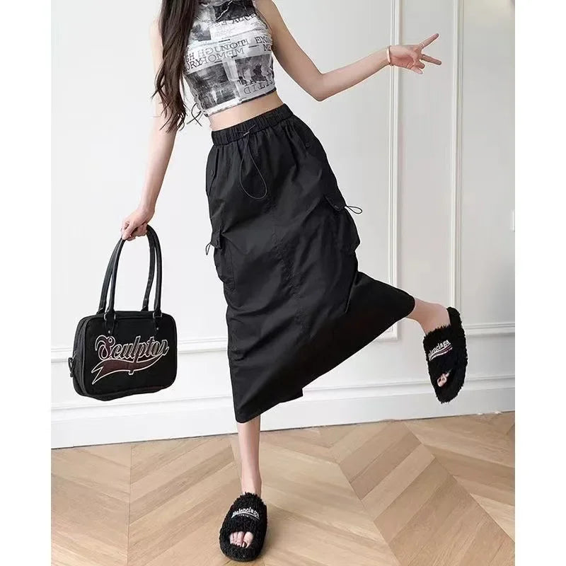 Skirts for Women Spring Summer Drawstring Workwear Half-body Skirt Split Mid-length Skirt Pure Color Package Hip One-Step Skirt