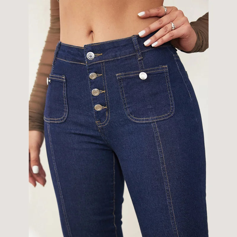 Elegant Single Breasted Women's Denim Flare Pants Retro High Waist High Package Slim Commute Jeans 2025 New Chic Ladies Trousers