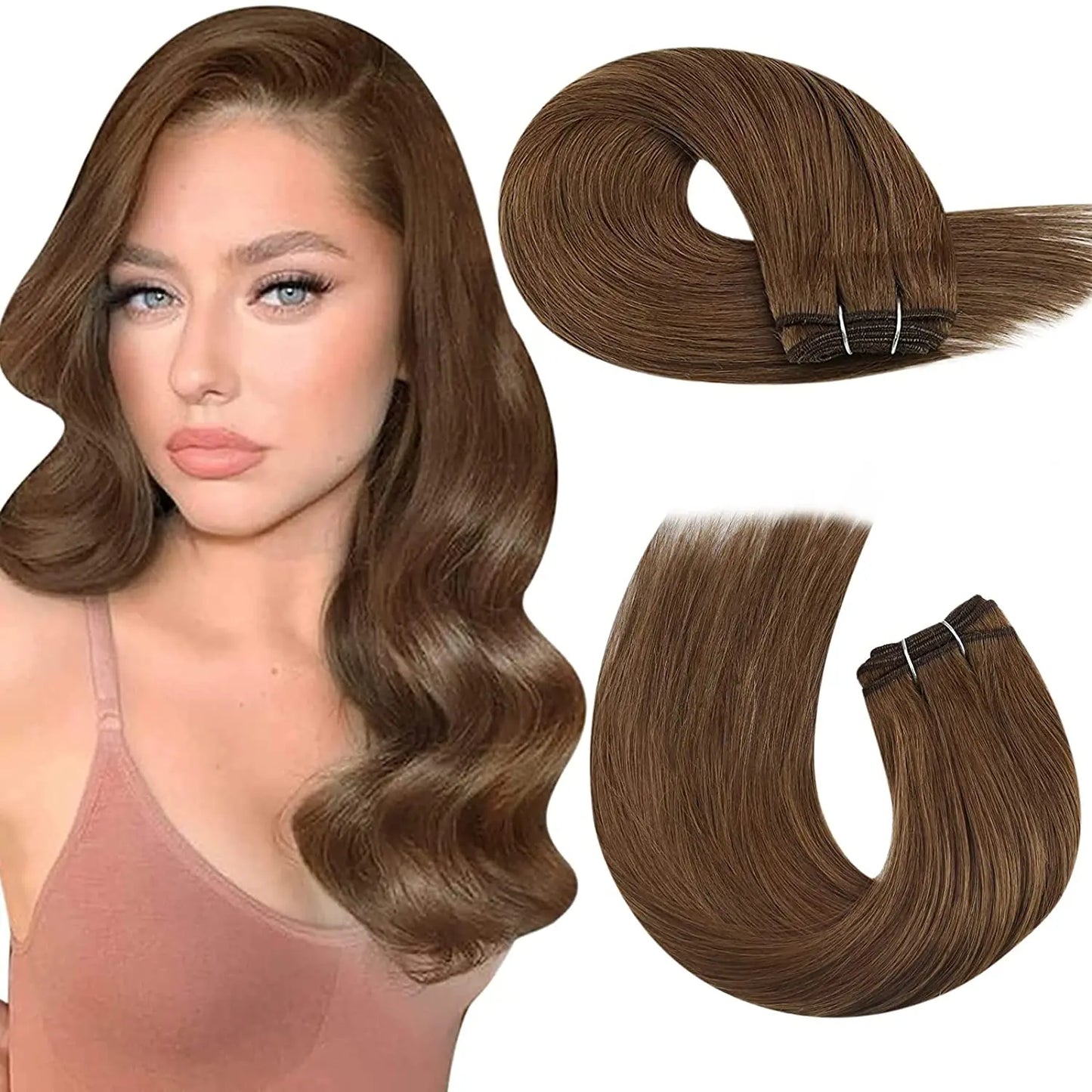 Moresoo Human Hair Bundles Weave in Double Wefted Machine Remy Hair Balayage Hair Pieces for Women Straight Weft Hair Extension
