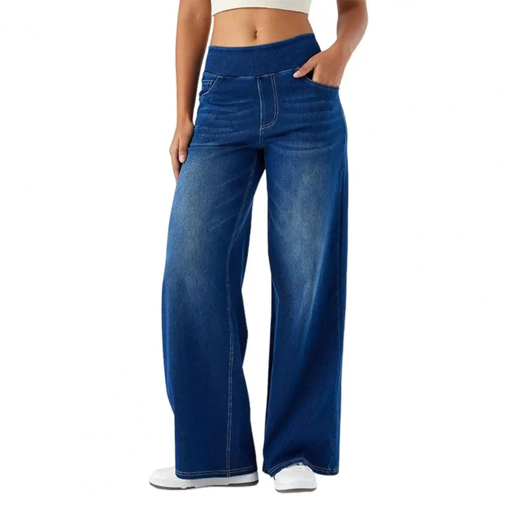 2025 Women Jeans With Pockets Elastic High Waist Solid Color Full Length Pants Straight Wide Leg Pants Baggy Denim Trousers