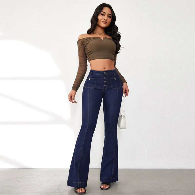Elegant Single Breasted Women's Denim Flare Pants Retro High Waist High Package Slim Commute Jeans 2025 New Chic Ladies Trousers