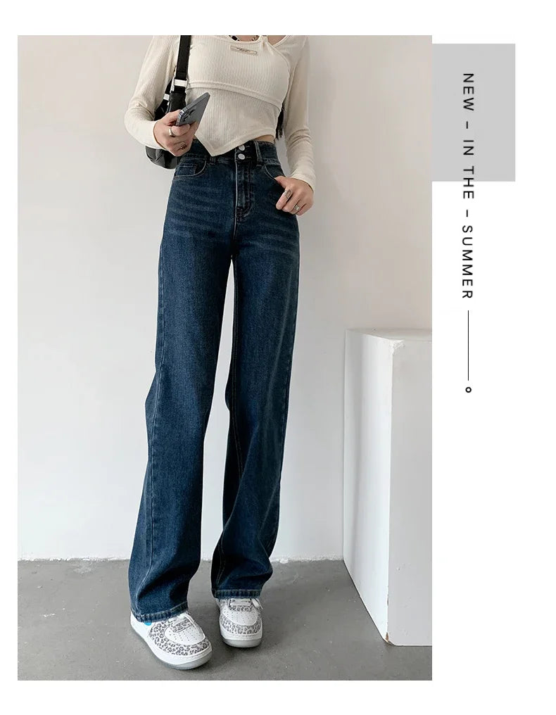 Women's Jeans Autumn High Waist Loose Straight Denim Pants Black Blue Fashion Korean Street Stretch Soft Comfortable Trousers