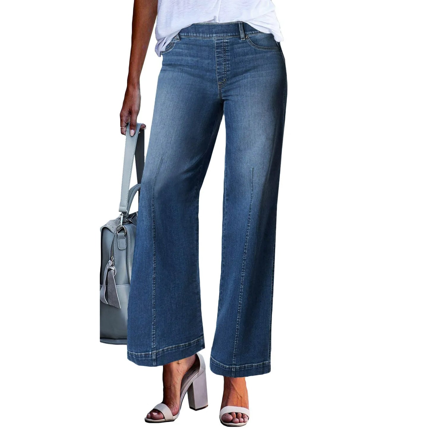 Women Seamed Front Wide Leg Jeans Elastic Waist Stretch Denim Flare Jeans High Waisted Jean Bell Bottom Cropped Pants pantalones