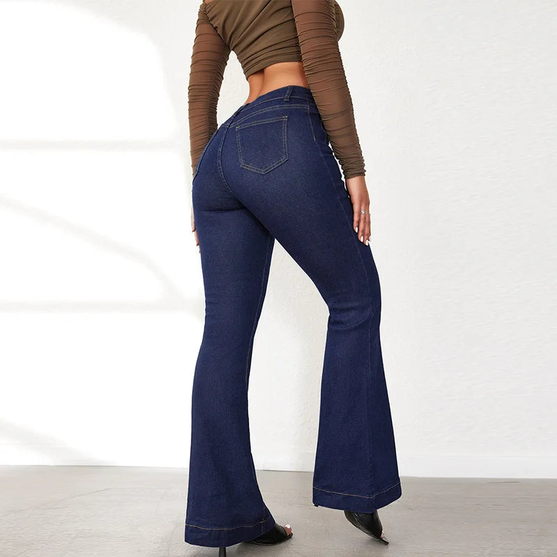 Elegant Single Breasted Women's Denim Flare Pants Retro High Waist High Package Slim Commute Jeans 2025 New Chic Ladies Trousers