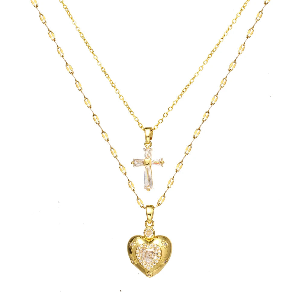 Women's High-End Heart-Shaped Necklace with Zircon Cross Pendant Stainless Steel Collarbone Chain Fashionable Jewelry