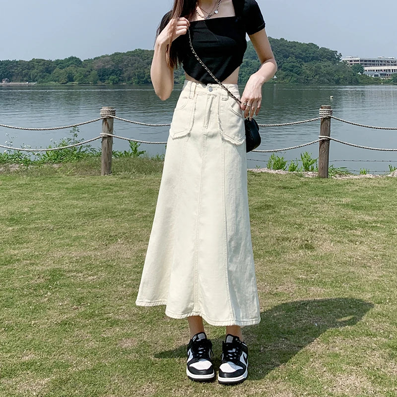 Apricot Denim Skirt Summer Women's 2024 New High Waist Slim Fashion Design Pocket Hip A-line Ankle-length Jean Skirt