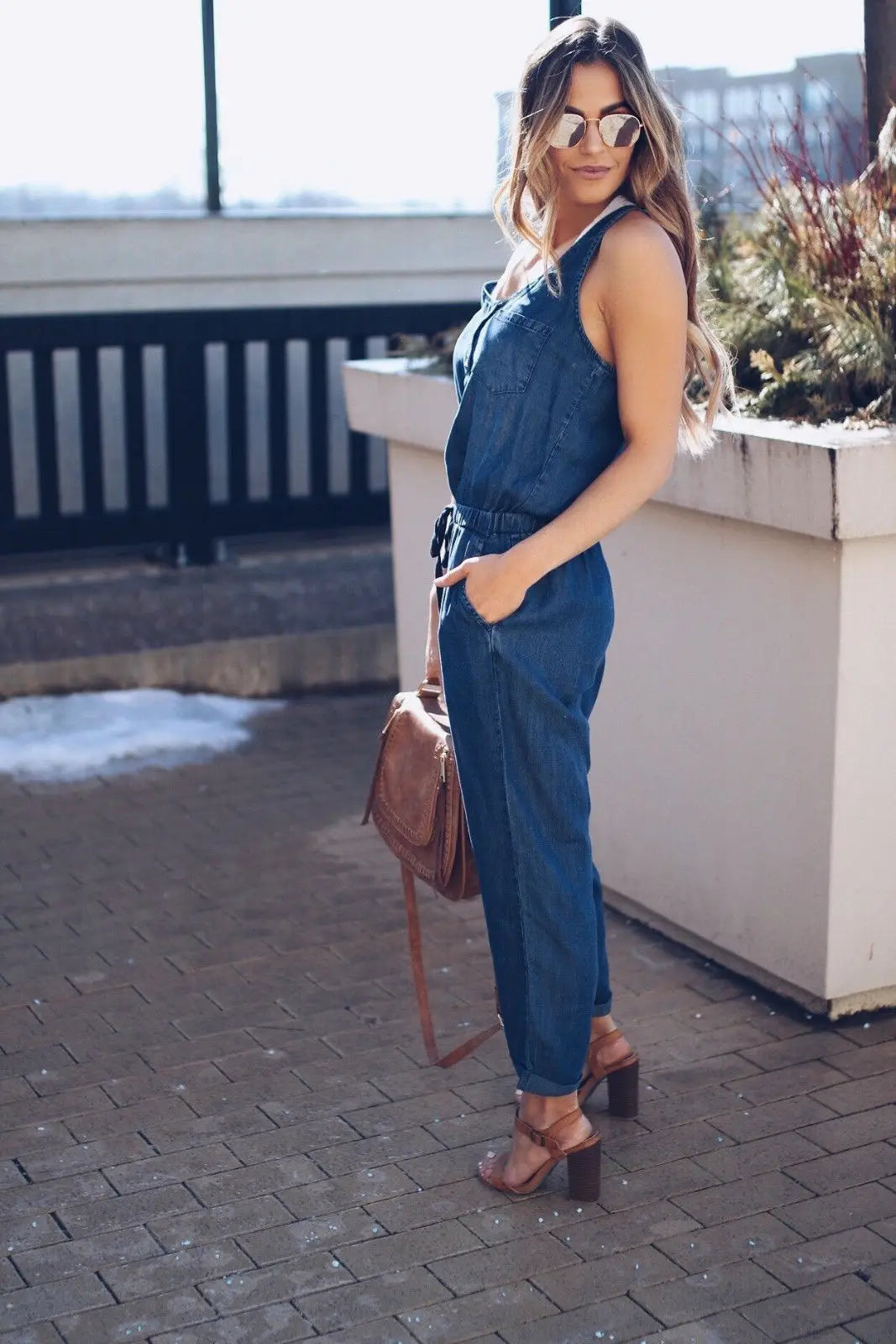 Women's Summer Jeans Jumpsuit V Neck Sleeveless Vest Waist Slim Fashion Drawstring Denim Long Jumpsuit Lady Vest