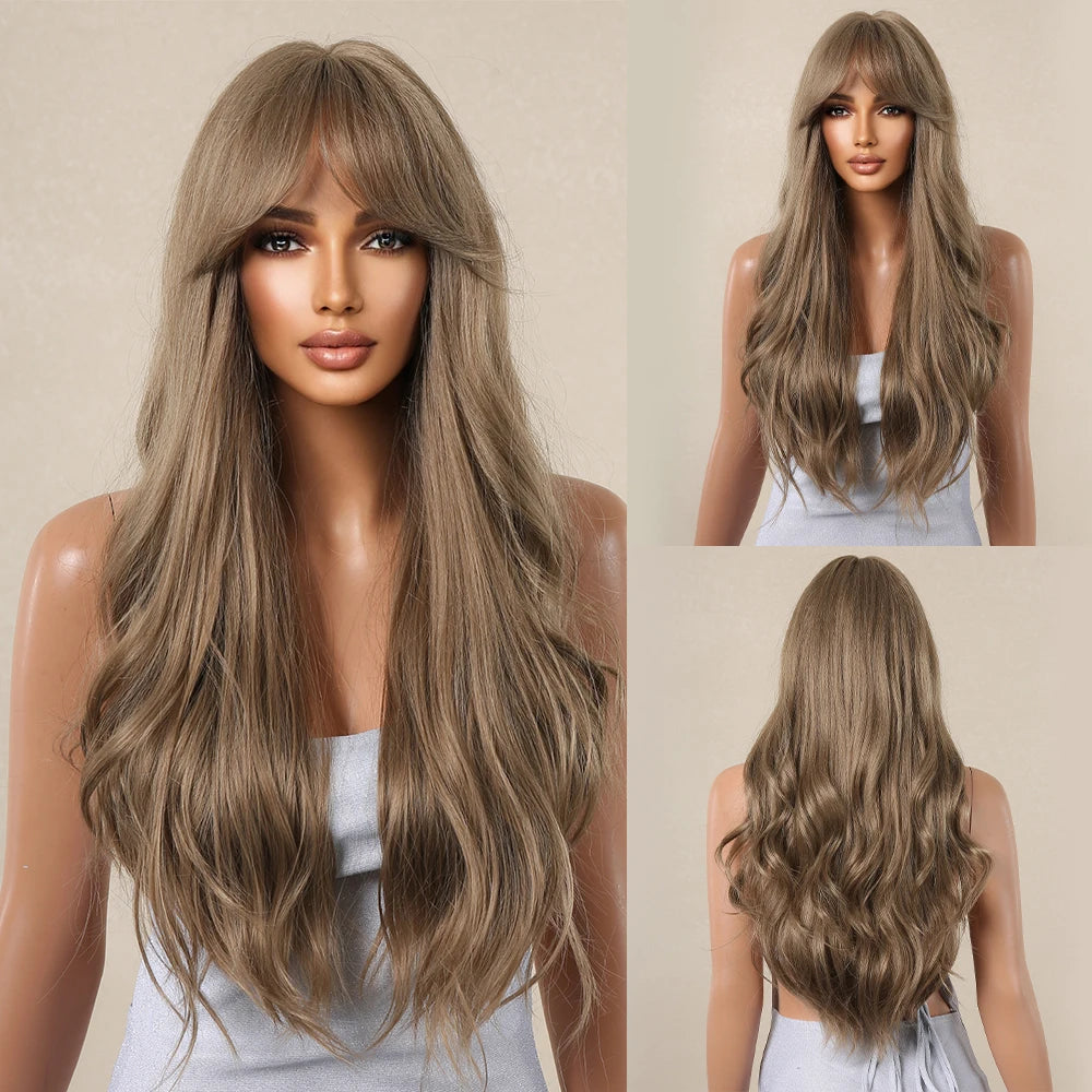 HENRY MARGU Burgundy Long Wavy Wigs Wine Red Wig with Bangs for Women Daily Synthetic Hair Cosplay Wig Heat Resistant Fiber