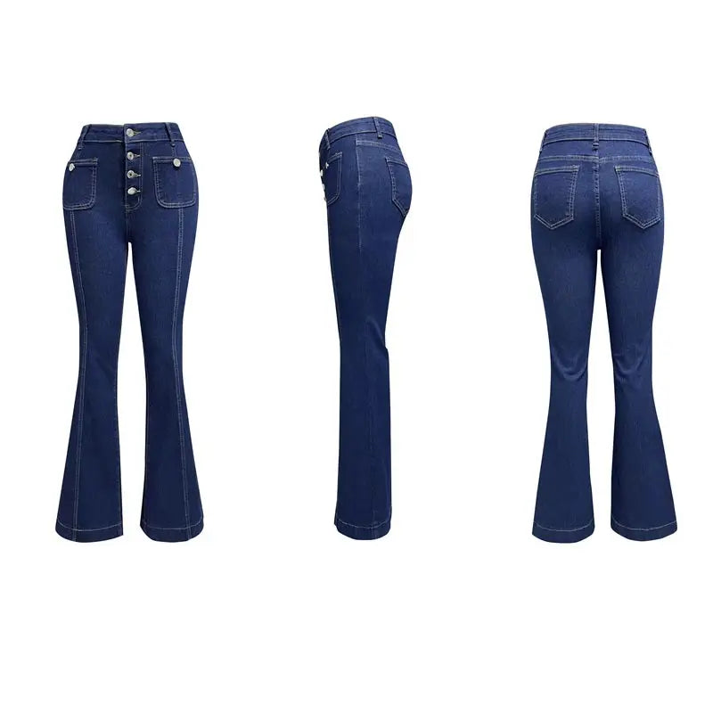 Elegant Single Breasted Women's Denim Flare Pants Retro High Waist High Package Slim Commute Jeans 2025 New Chic Ladies Trousers
