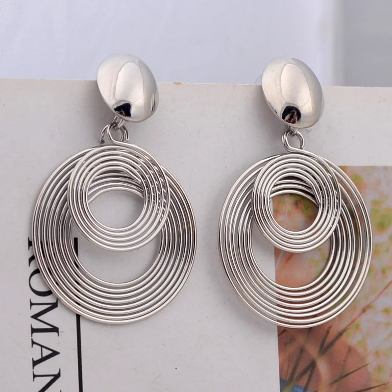 Trendy Big Round Statement Earrings for Women Golden Silver Color Metal Geometry Dangle Drop Earrings European Simple Jewelry