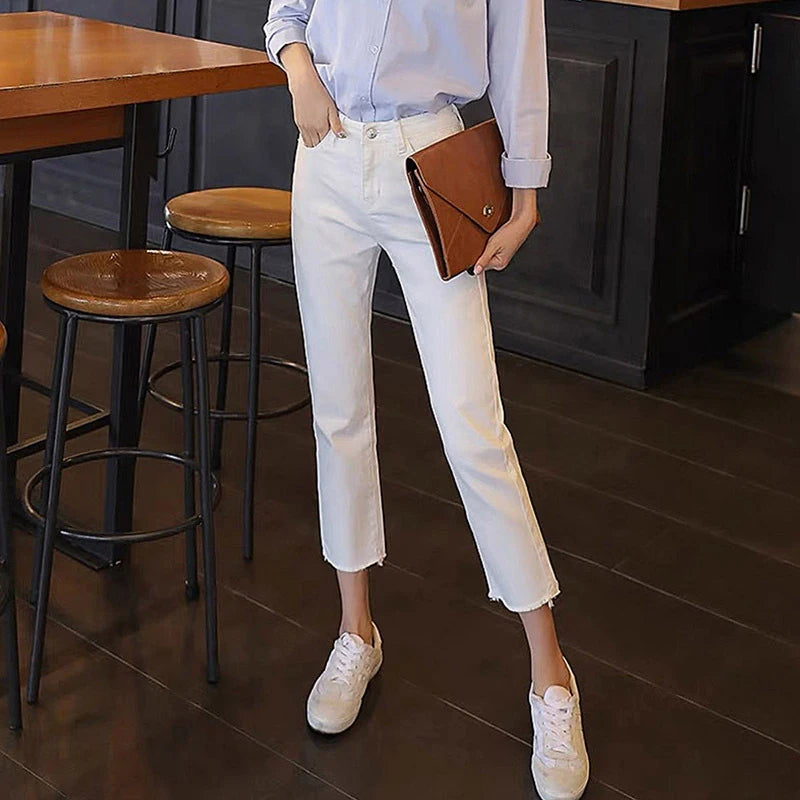 Light Blue Jeans Women Straight Leg Elastic Chic Boyfriend Pants Denim Streetwear Women Ladies Cargo Pants New Fashion 2023