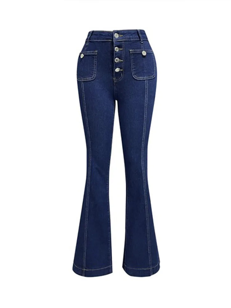 Elegant Single Breasted Women's Denim Flare Pants Retro High Waist High Package Slim Commute Jeans 2025 New Chic Ladies Trousers
