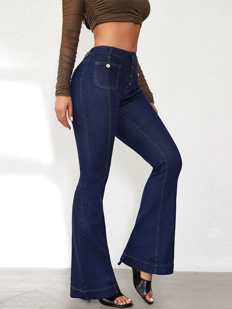 Elegant Single Breasted Women's Denim Flare Pants Retro High Waist High Package Slim Commute Jeans 2025 New Chic Ladies Trousers