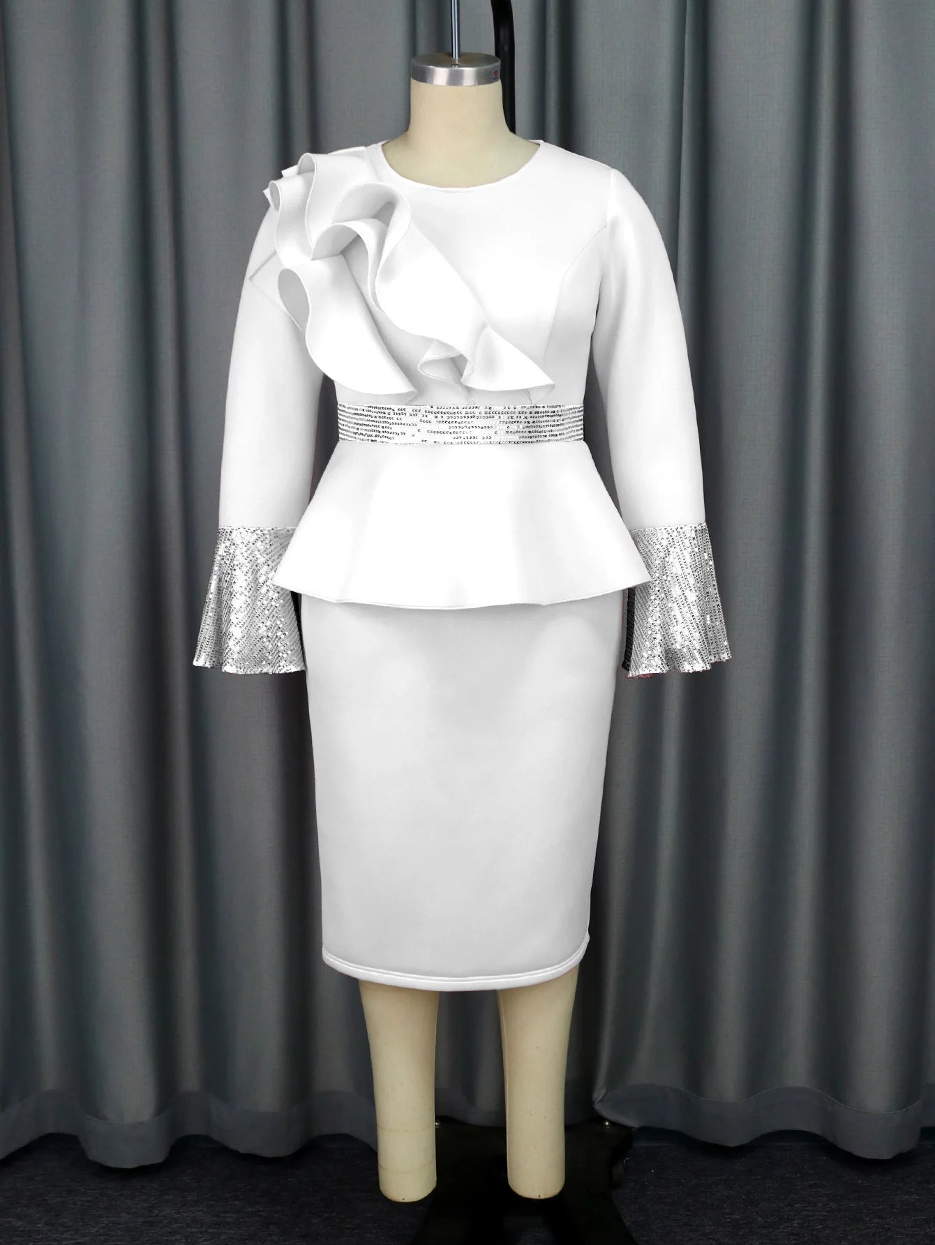 Church Dresses for Women Elegant Ruffles Long Flare Sleeves Sequined Party Bodycon Peplum Classy Occasion African Wedding Guest