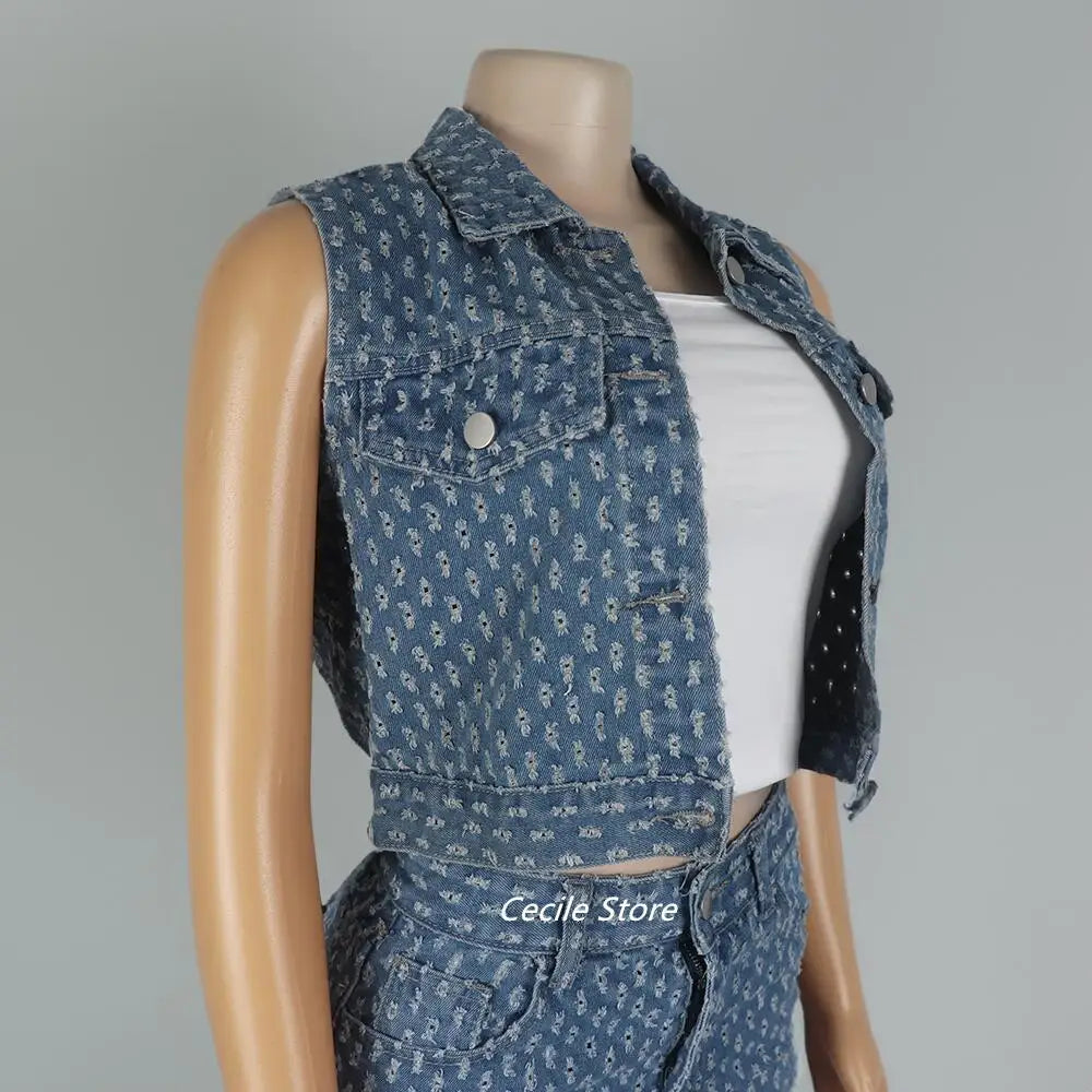 New African girly jeans ripped jeans womens three-piece denim jacket women slit wide leg slit trousers jeans uomo