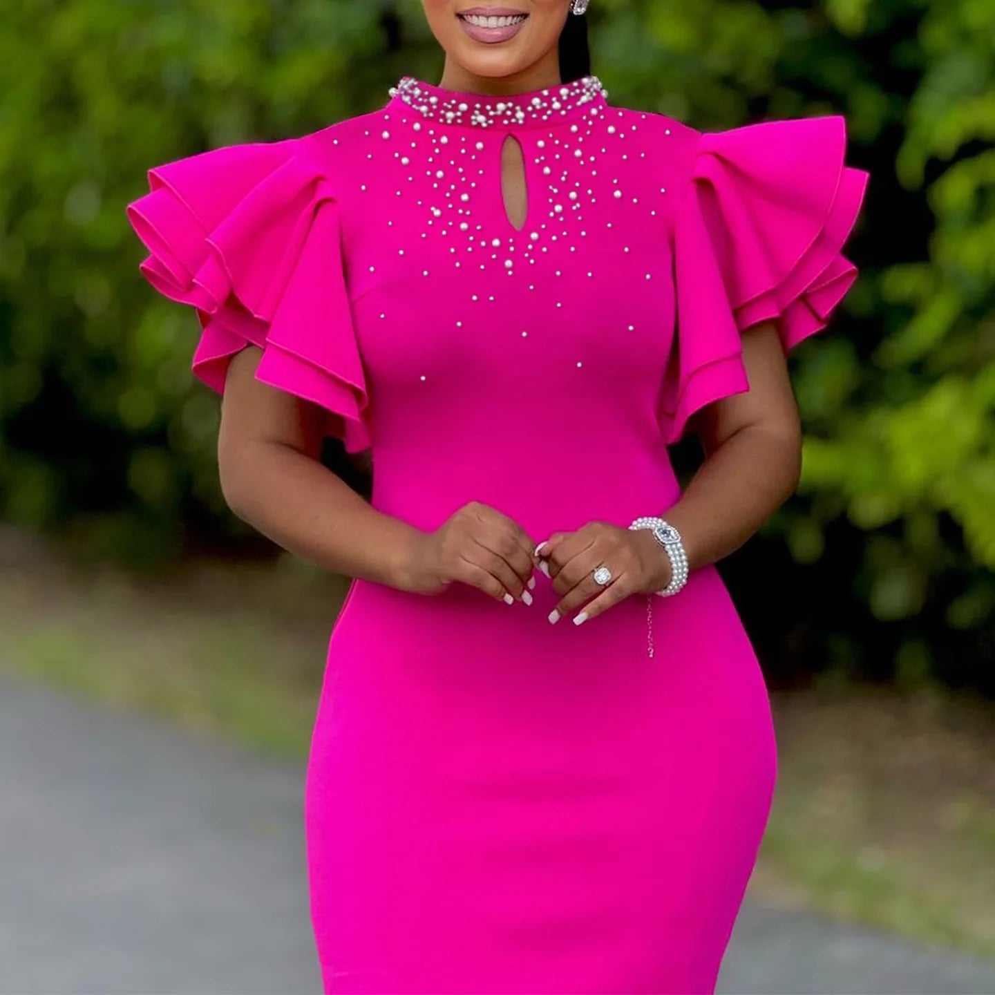 Elegant Dresses for Women O Neck Ruffles Sleeve Beaded Sheath Package Hips Mid Calf Luxury Birthday Party Dinner Vestidos Mujer