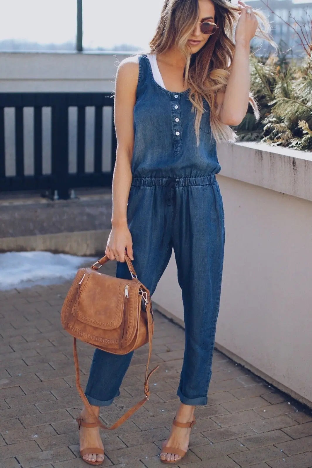 Women's Summer Jeans Jumpsuit V Neck Sleeveless Vest Waist Slim Fashion Drawstring Denim Long Jumpsuit Lady Vest