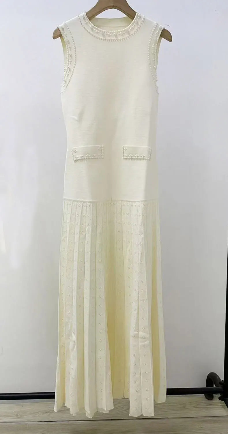 Women's summer dress with round neck and short sleeves with pearl decoration elegant party dress women's dresses trend 2025