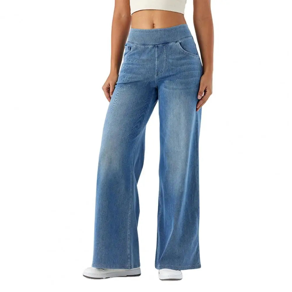 2025 Women Jeans With Pockets Elastic High Waist Solid Color Full Length Pants Straight Wide Leg Pants Baggy Denim Trousers
