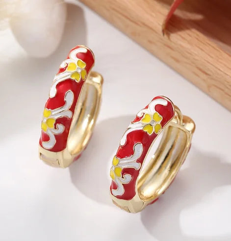 New Fashionable Colorful Round Earrings Retro Metal Enamel Floral Ear Accessories Unique Party Jewelry Gift for Women