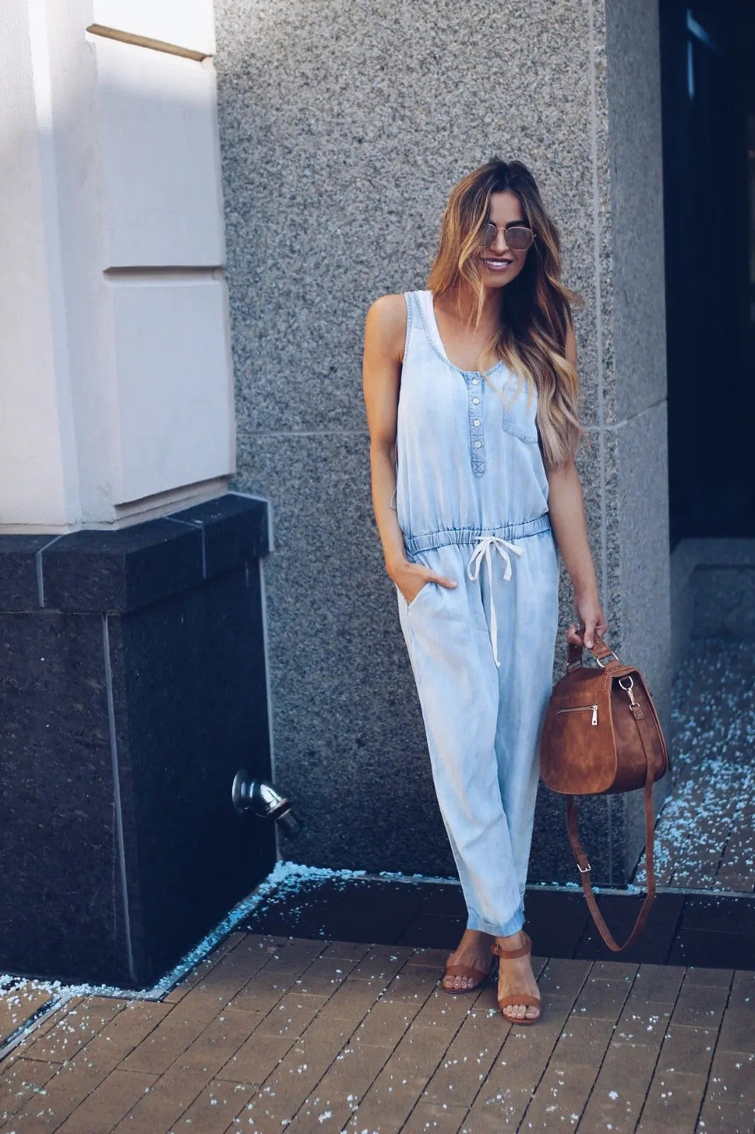 Women's Summer Jeans Jumpsuit V Neck Sleeveless Vest Waist Slim Fashion Drawstring Denim Long Jumpsuit Lady Vest