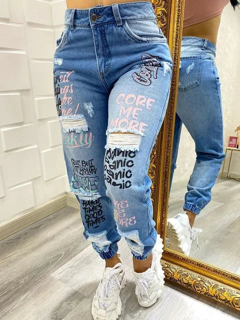 Jeans Women Fashion Stylish Monogrammed Slashed Marabou Chino Jeans Casual Length Trousers Plus Size Pants For Female 2025