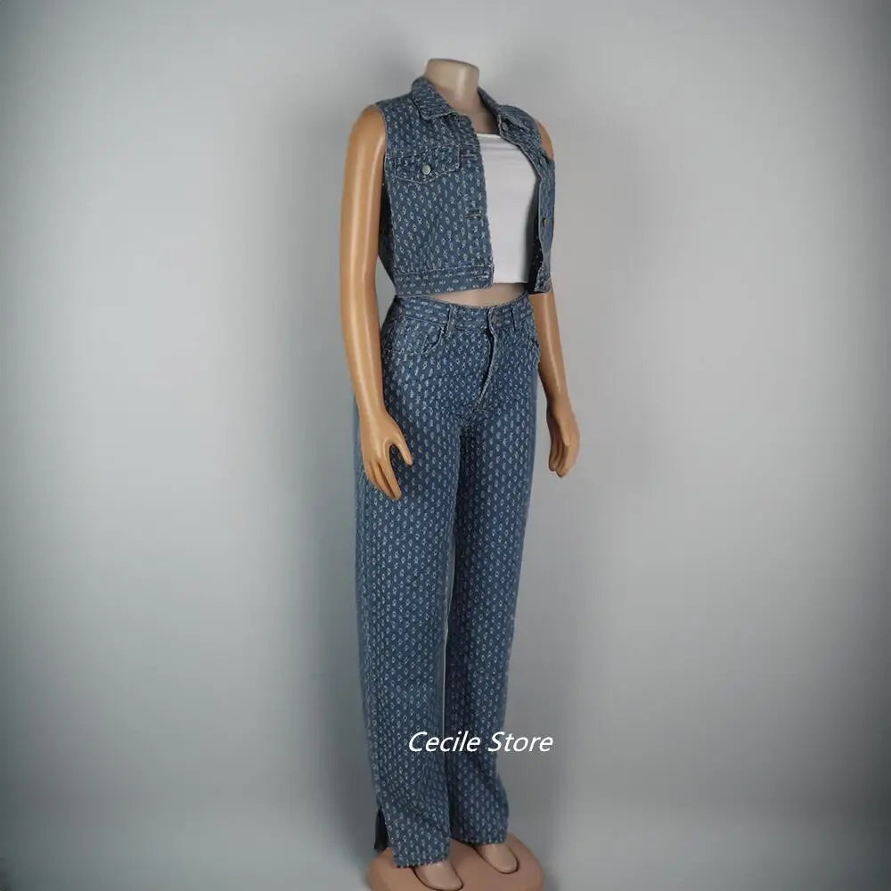 New African girly jeans ripped jeans womens three-piece denim jacket women slit wide leg slit trousers jeans uomo