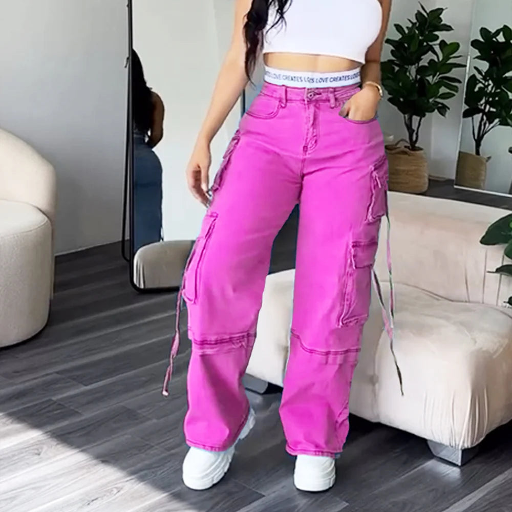Jeans Women 2024 Fashion Loose Straight Leg Denim Pants Multiple Pockets Streetwear Bagyy Jean Casual Length Trousers Plus Size