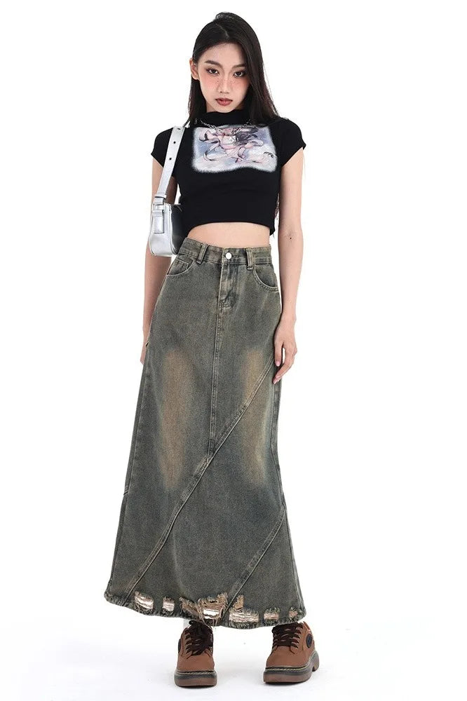 Women Denim Skirt Y2k Emo 2000s Clothes Long Skirt Harajuku Korean 90s Fashion Vintage Gradient A-line Jean Skirt Grunge Clothes