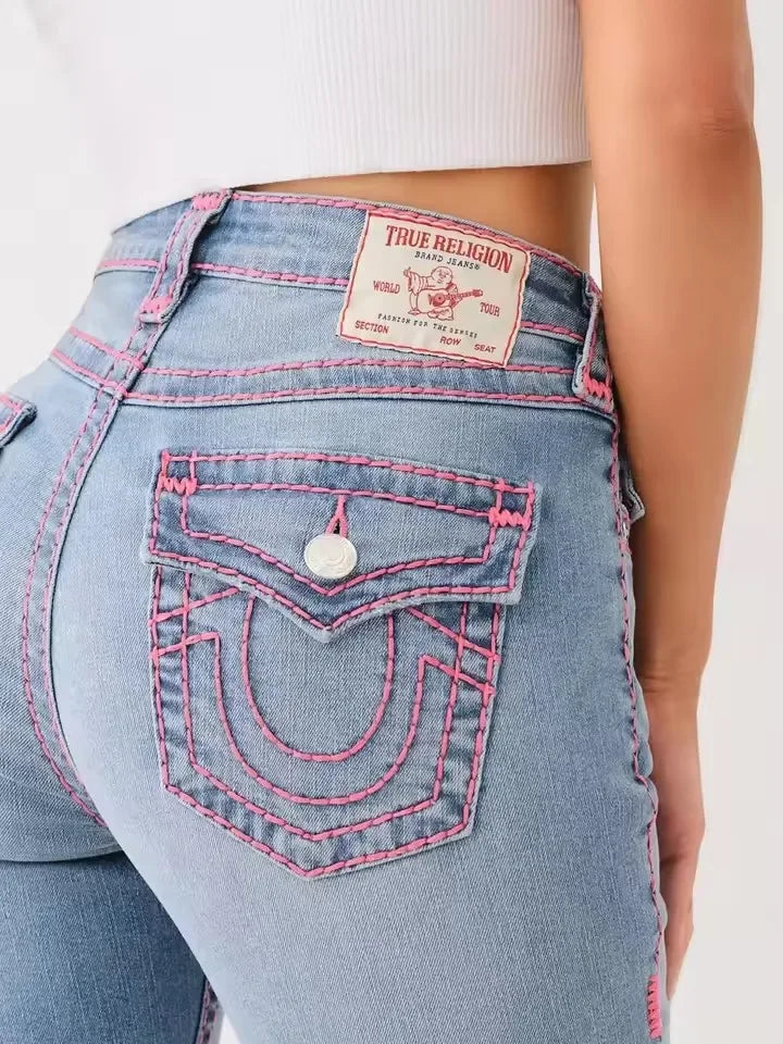 Sexy Retro Buddha Embroidered Low Rise Jeans Womens Skinny Jeans Fashionable Flare Jean Casual Washed Pants Sweatwear Denim Pant