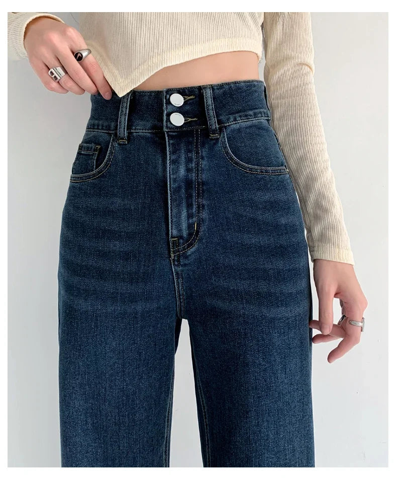 Women's Jeans Autumn High Waist Loose Straight Denim Pants Black Blue Fashion Korean Street Stretch Soft Comfortable Trousers