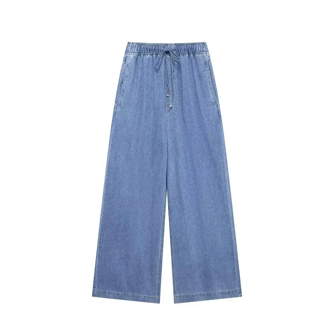 2024 Autumn Denim Pant For Women Loose High Waist Jeans Female Fashion Drawstring Elastic Waist Wide Leg Pants