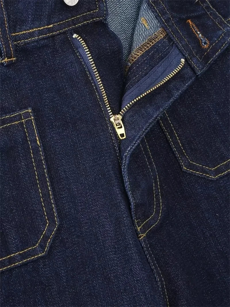 Casual Women's High Waist Straight-leg Jeans Pants Fashion All-match Full Length Denim Pants Pocket Zipper Jean Trousers