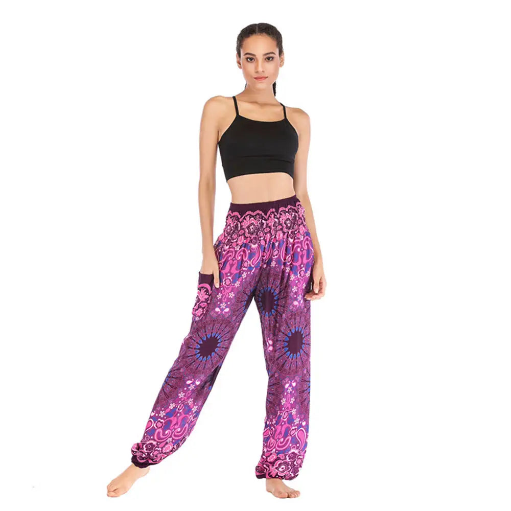 Women's Yoga Pants Printed Ethnic Style Loose Yoga Trousers Bloomers High Waist Fitness Sports Crotch Dance Palazzo Sweatpants