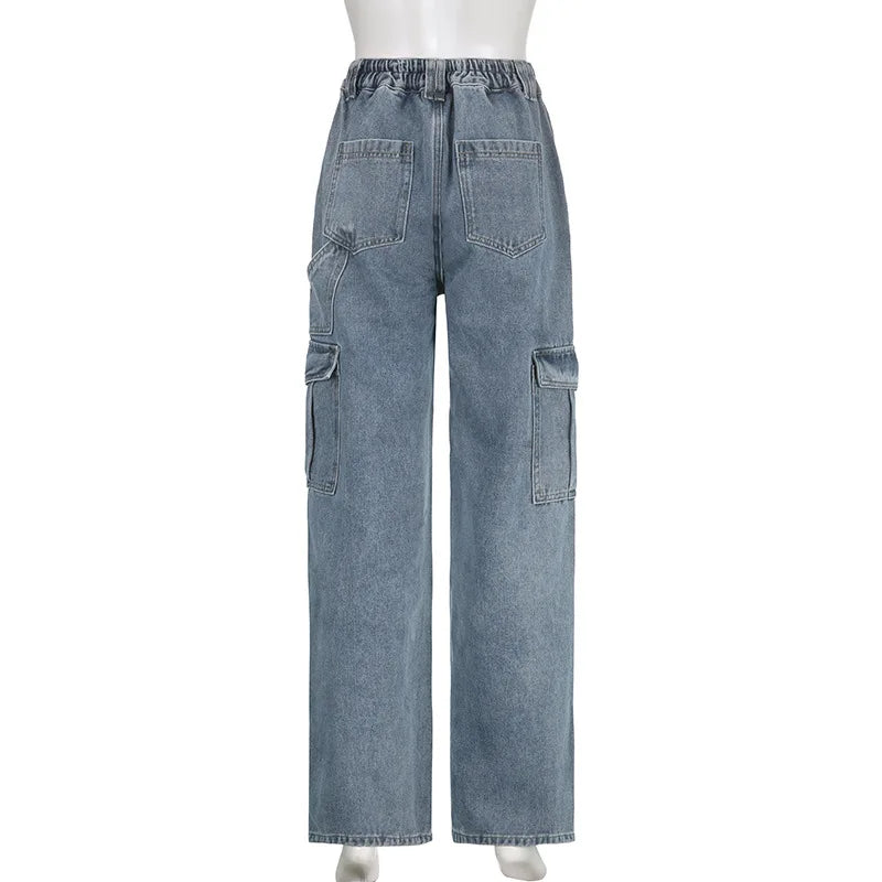 Women's Vintage Washed Loose Straight Low-Rise Elastic Waist Patchwork Cargo Jeans with Cuffed Pockets Trendy Streetwear Casual