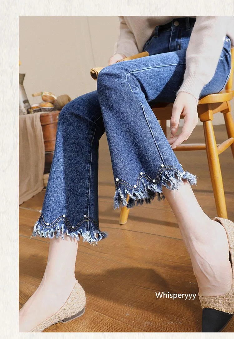 Denim Pants For Women Spring And Autumn Elastic Show Nine Points Trousers High Waist Korea Fashion Flared Jeans Female Casual