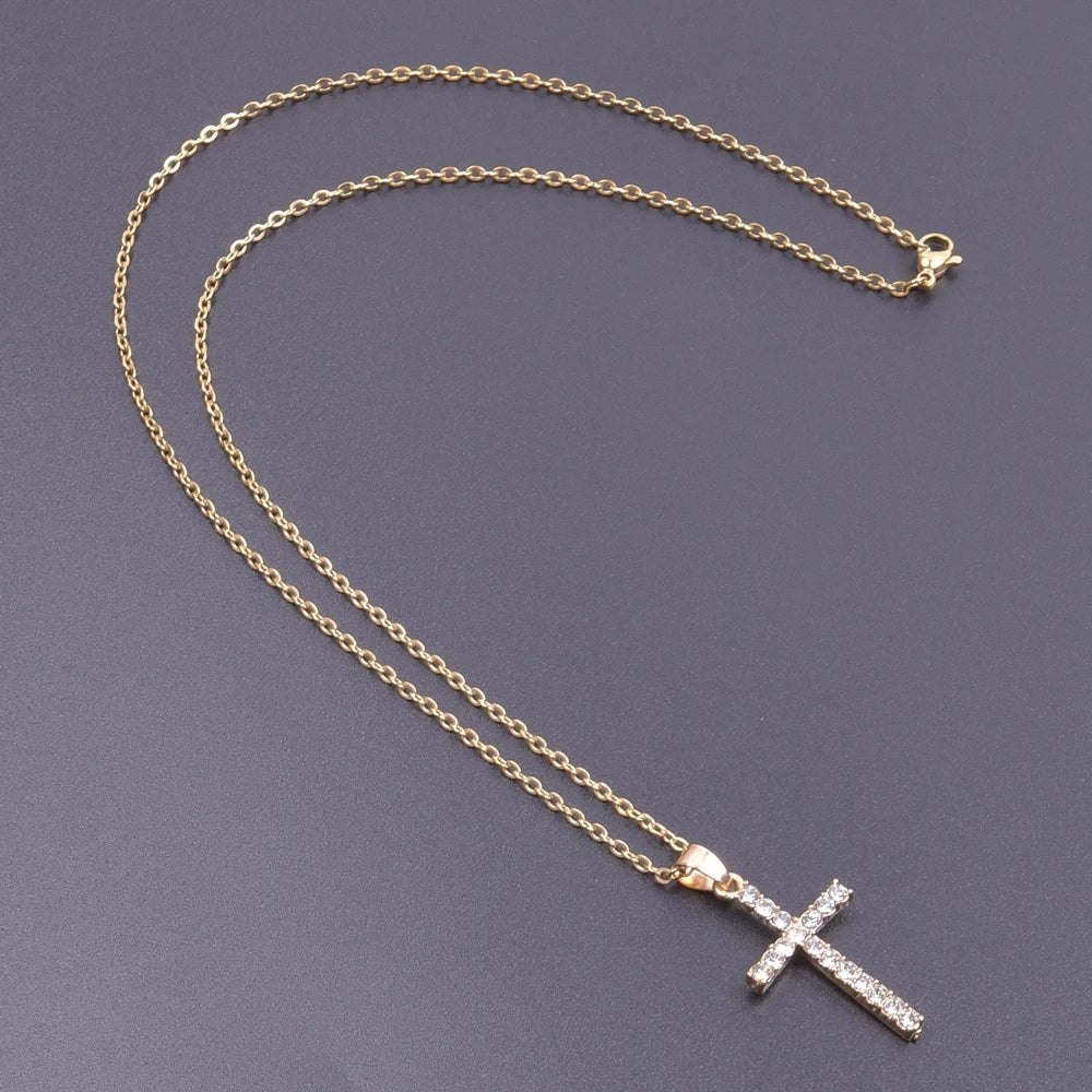 Women Necklace Jewelry Chain Fashion Cross With Rhinestone Pendant Necklace Stainless Steel Choke Ring Women Accessories New