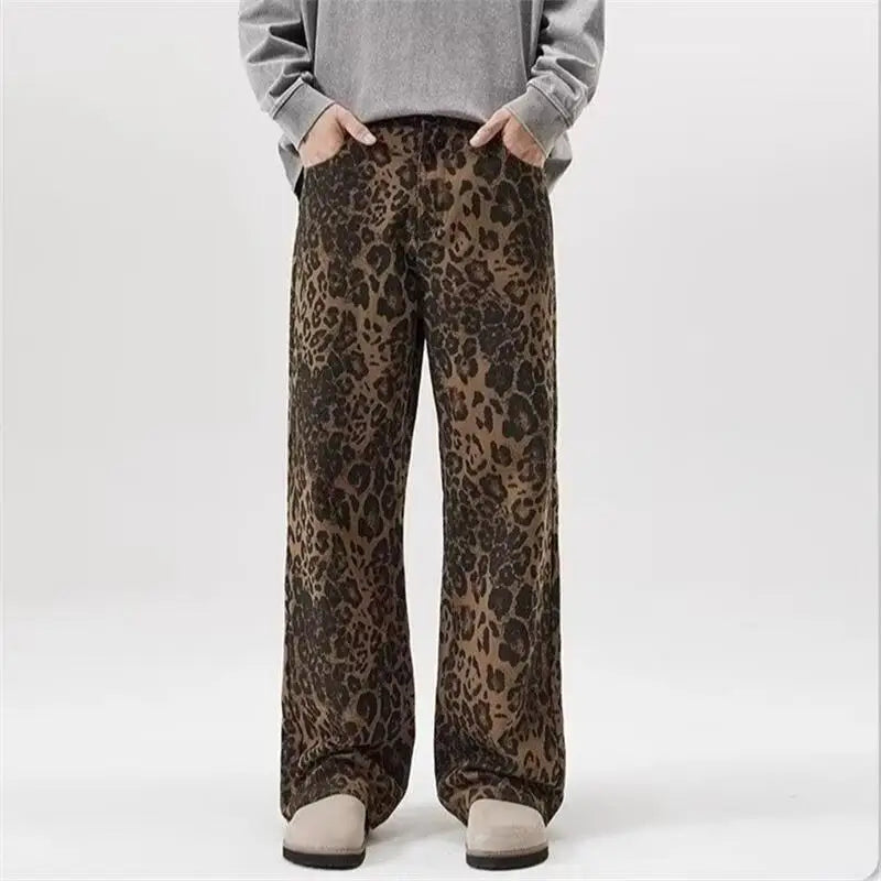 Women's leopard print jeans autumn and winter fashionable versatile loose retro casual pants straight leg wide leg pants