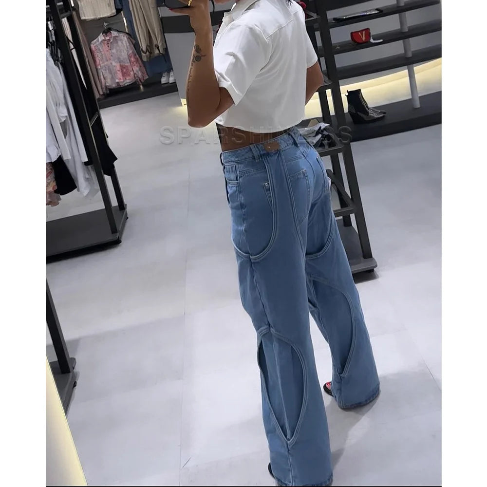 Women's Unique High Waist Vintage Streetwear Baggy Patchwork Design Jeans Casual Daily Slimming Pants High Quality Trousers