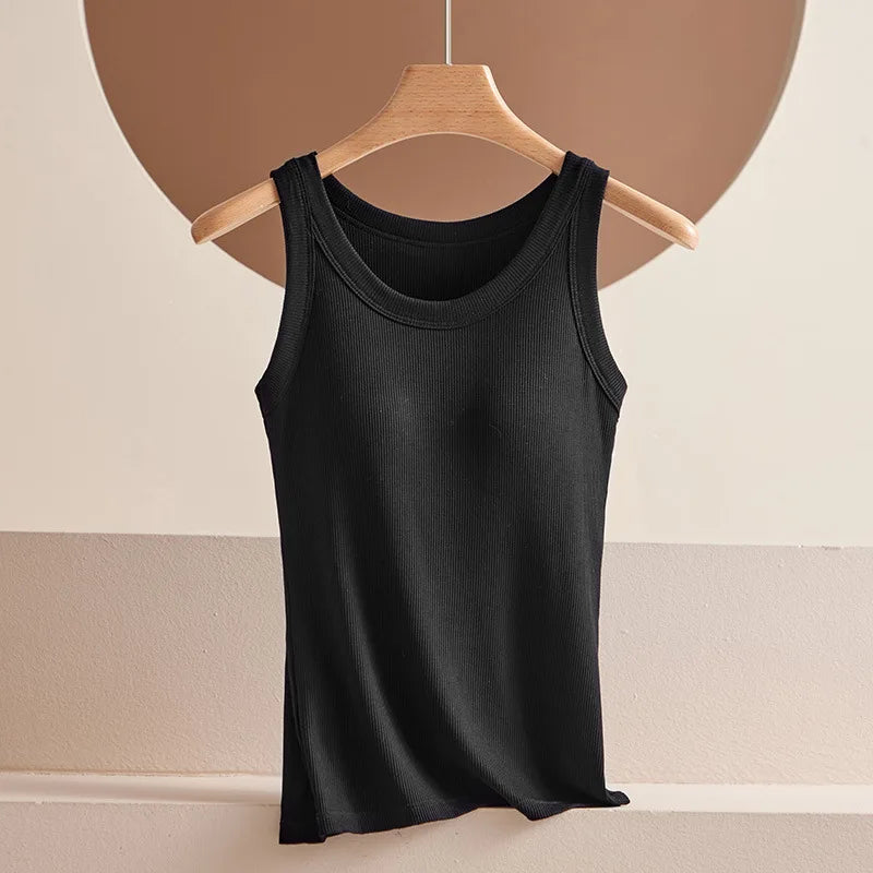 Women's Vest Tops With Built In Bra Neck Vest Padded Slim Fit Tank Tops Sexy Shirts Feminino Casual Underlay Shirt Slimming
