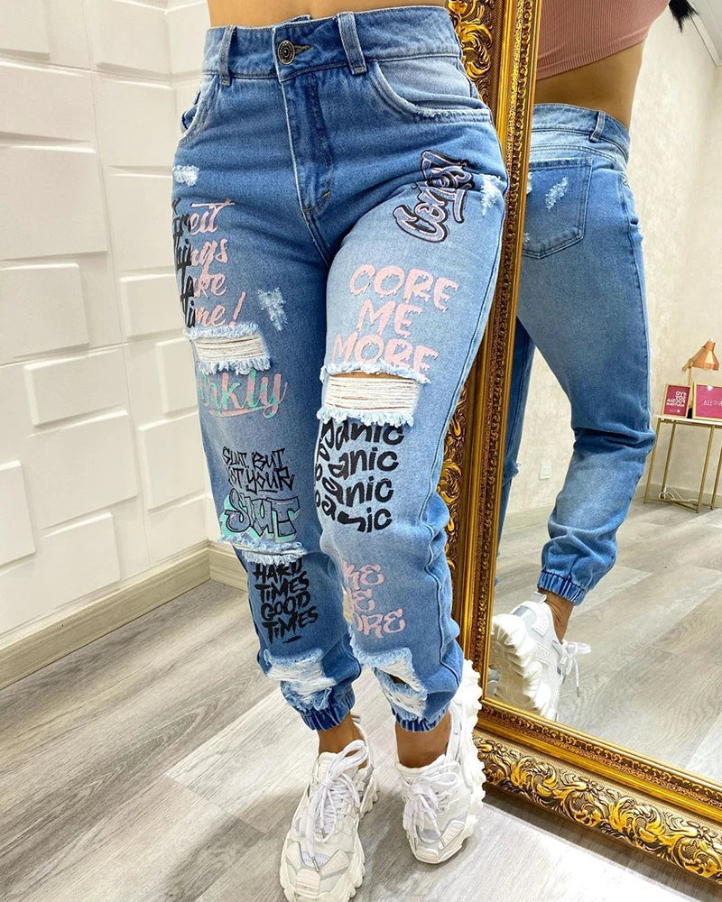 Jeans Women Fashion Stylish Monogrammed Slashed Marabou Chino Jeans Casual Length Trousers Plus Size Pants For Female 2025