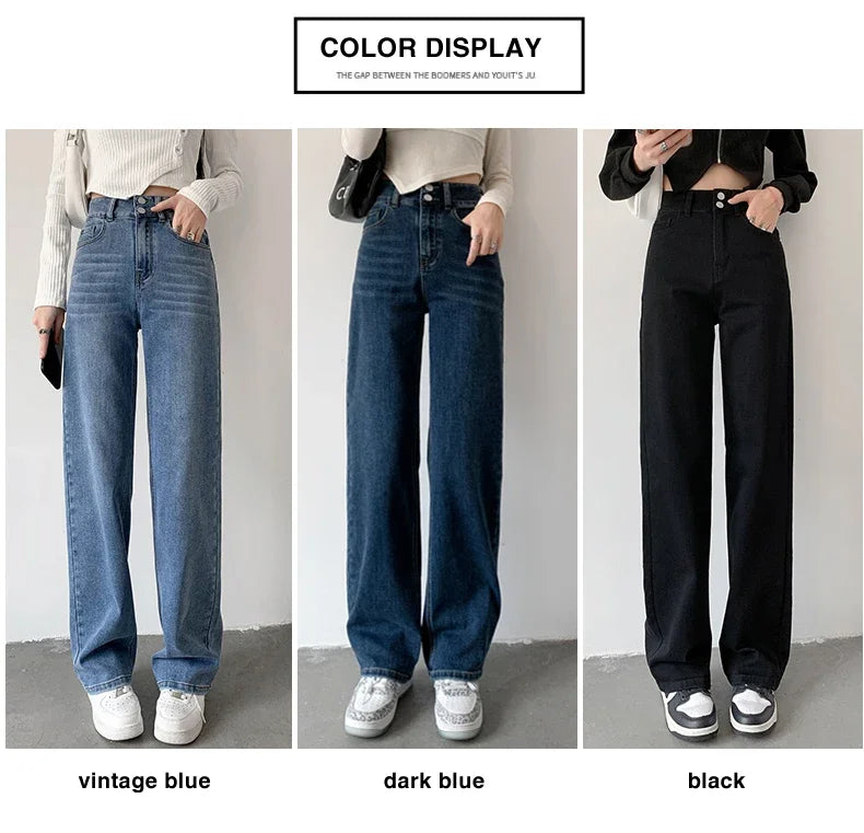 Women's Jeans Autumn High Waist Loose Straight Denim Pants Black Blue Fashion Korean Street Stretch Soft Comfortable Trousers