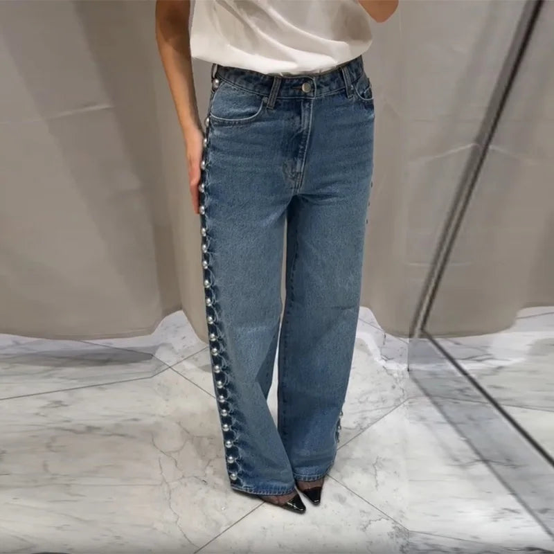 Women's Fashion Punk Washing Denim Pant Vintage Metal Straight Wide Leg Long Jeans 2025 New Lady Y2k Fashion Denim Trousers