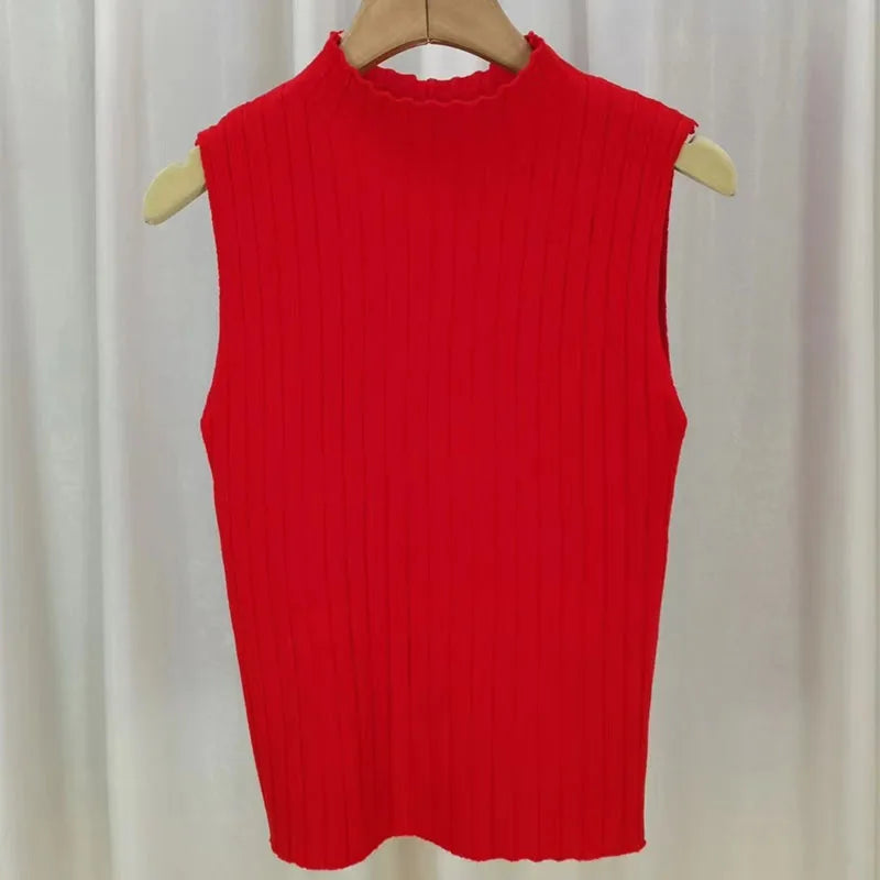 Black Tank Tops Women Sleeveless Knitted T-Shirts Crop Tops Female Elastic Slim Vests Casual 2025 Summer Spring Pullover Camis