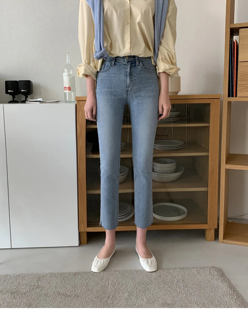 Light Blue Jeans Women Straight Leg Elastic Chic Boyfriend Pants Denim Streetwear Women Ladies Cargo Pants New Fashion 2023